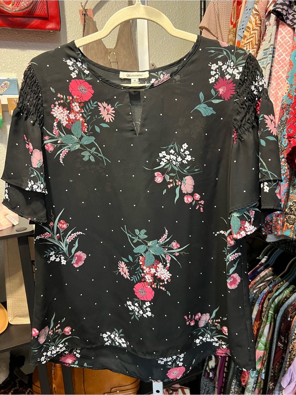 Quintessential Black Floral Flutter Sleeve Blouse